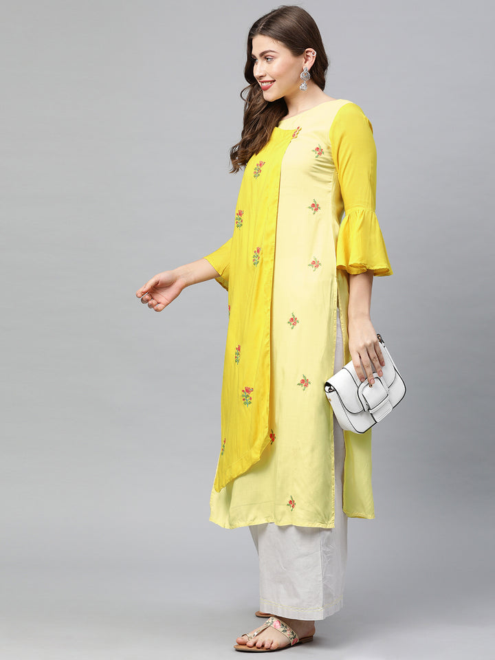 Neerus Yellow Embroidered Angrakha Kurta