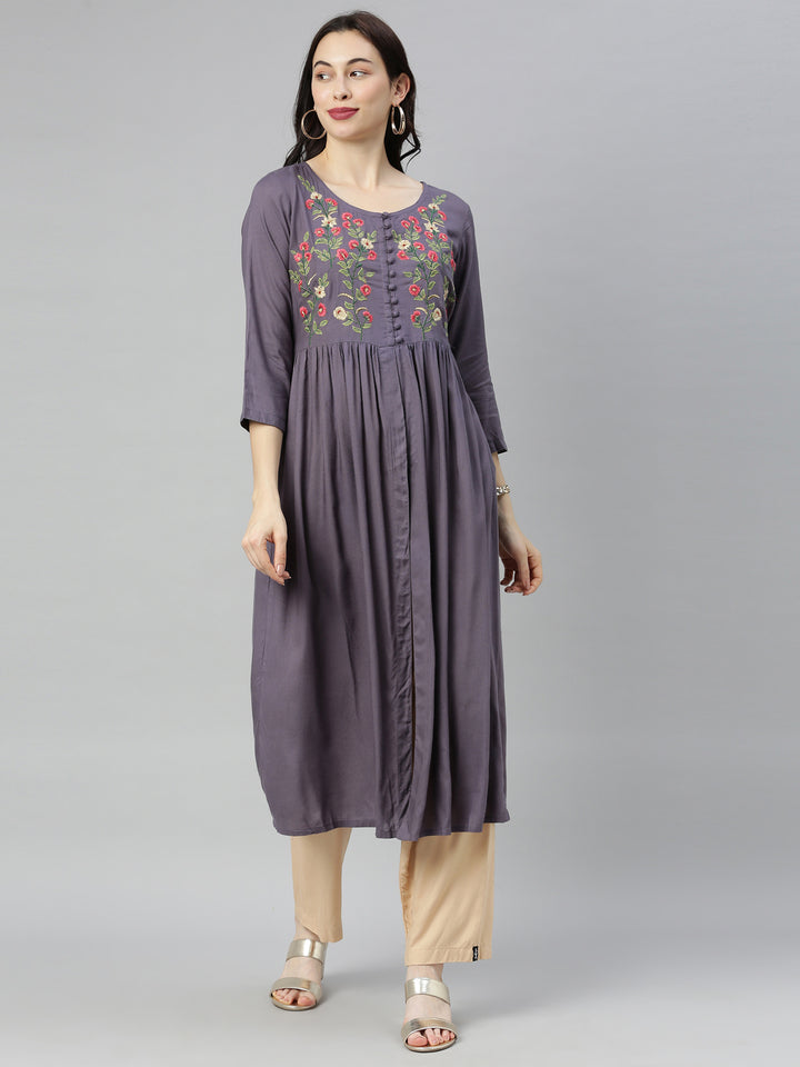 Neerus Purple embroidered A-line kurti - front view