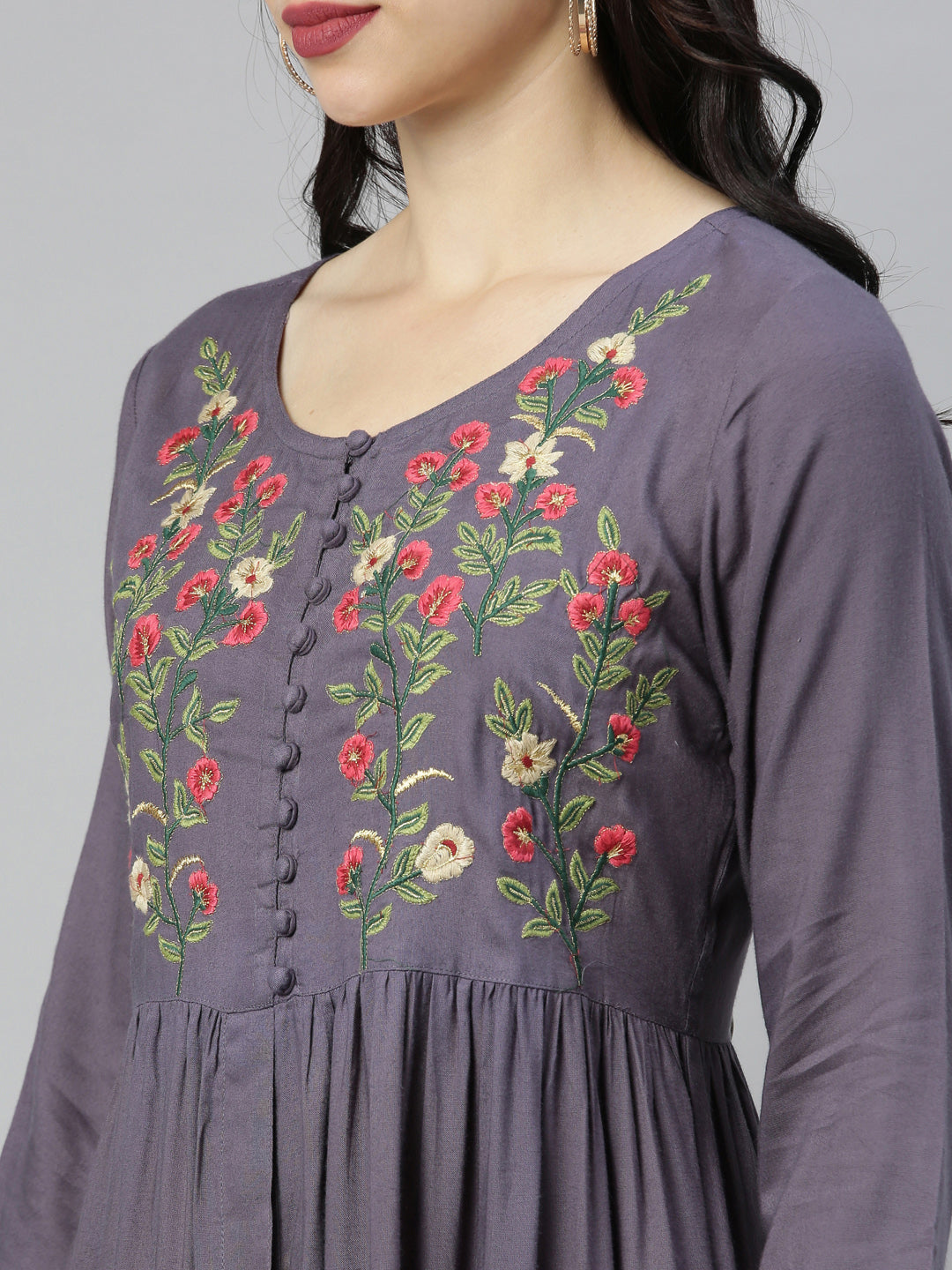 Neerus Purple embroidered A-line kurti - back view