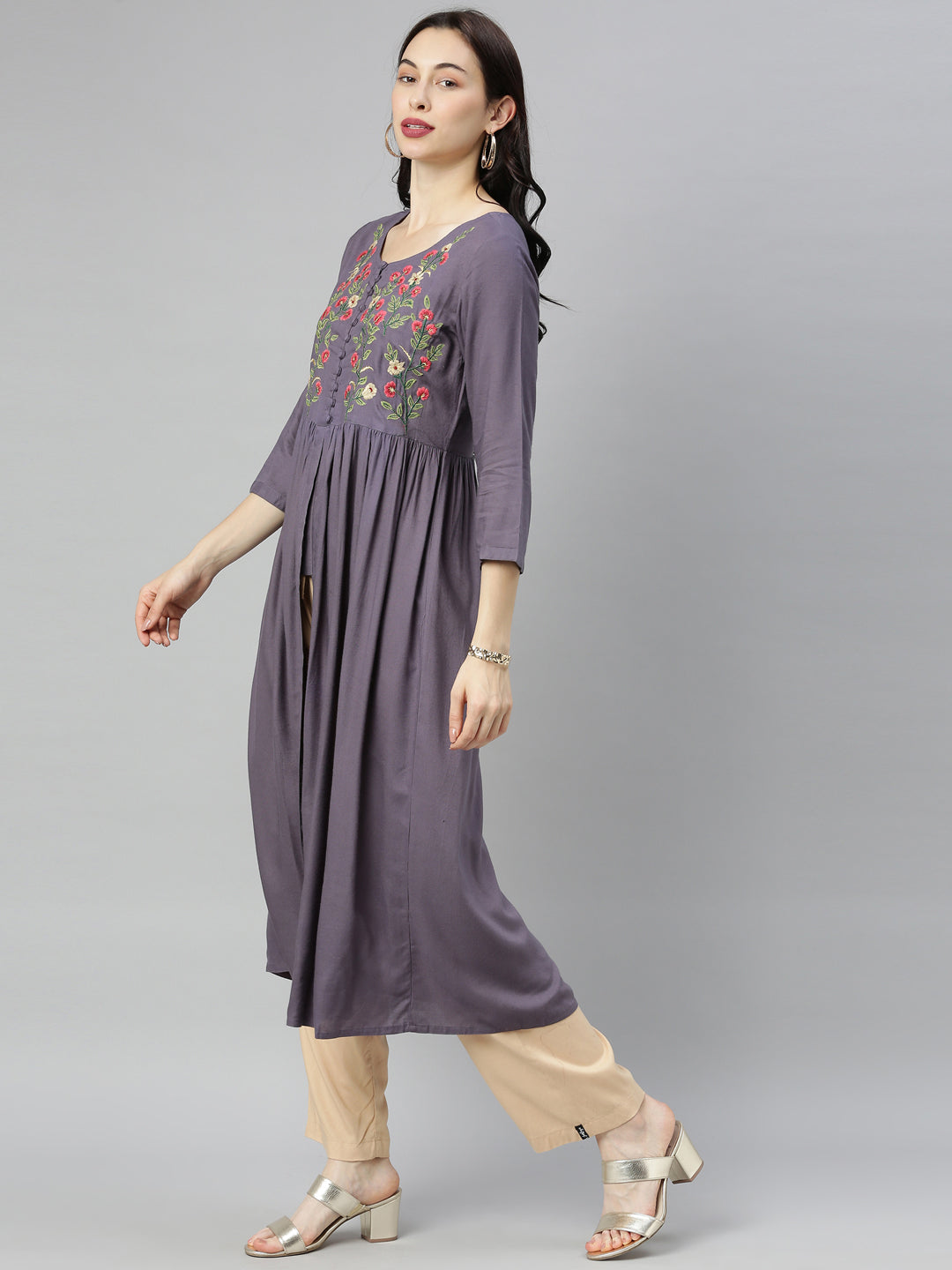 Neerus Purple embroidered A-line kurti - detail view 1