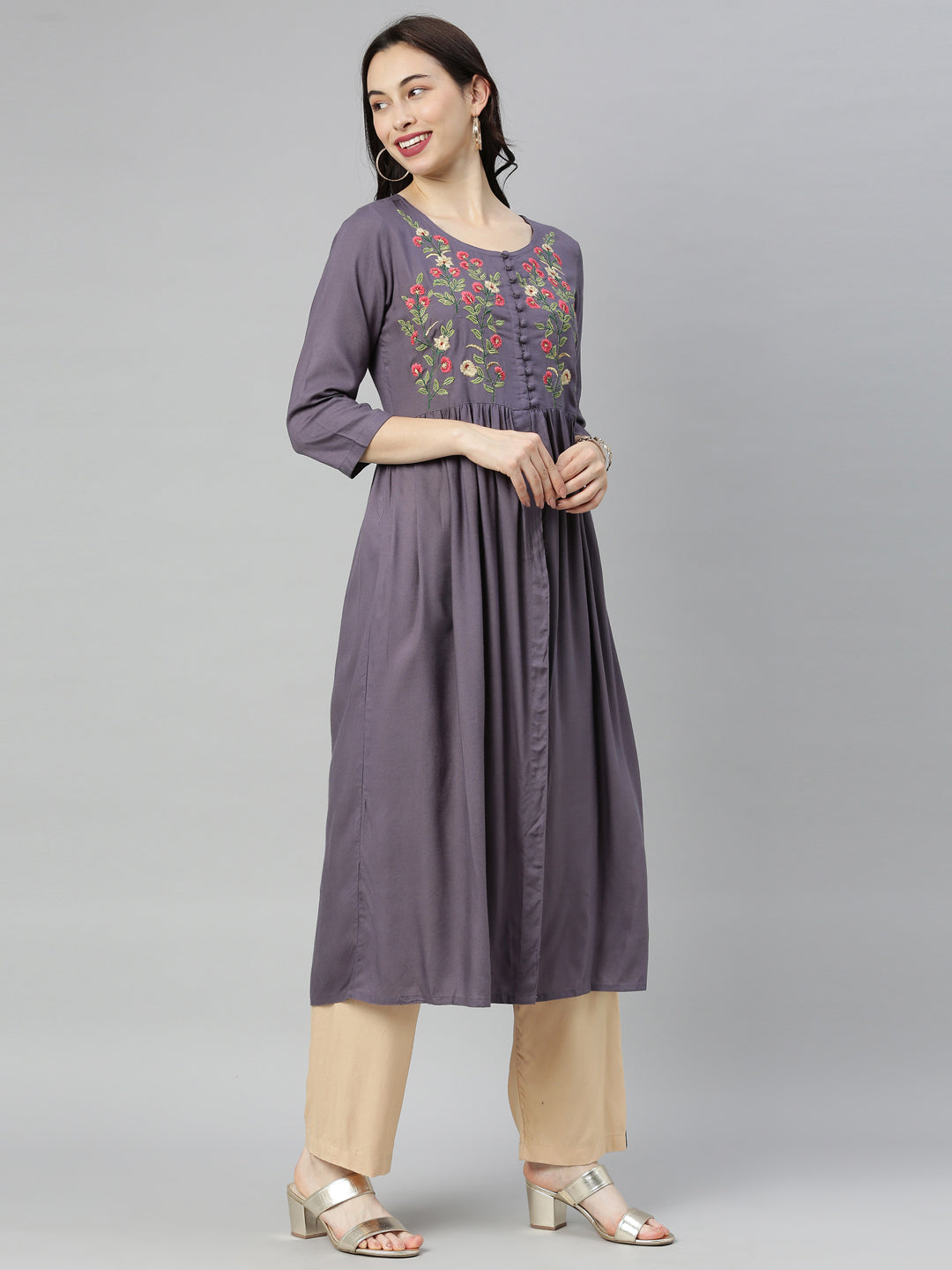 Neerus Purple embroidered A-line kurti - detail view 2