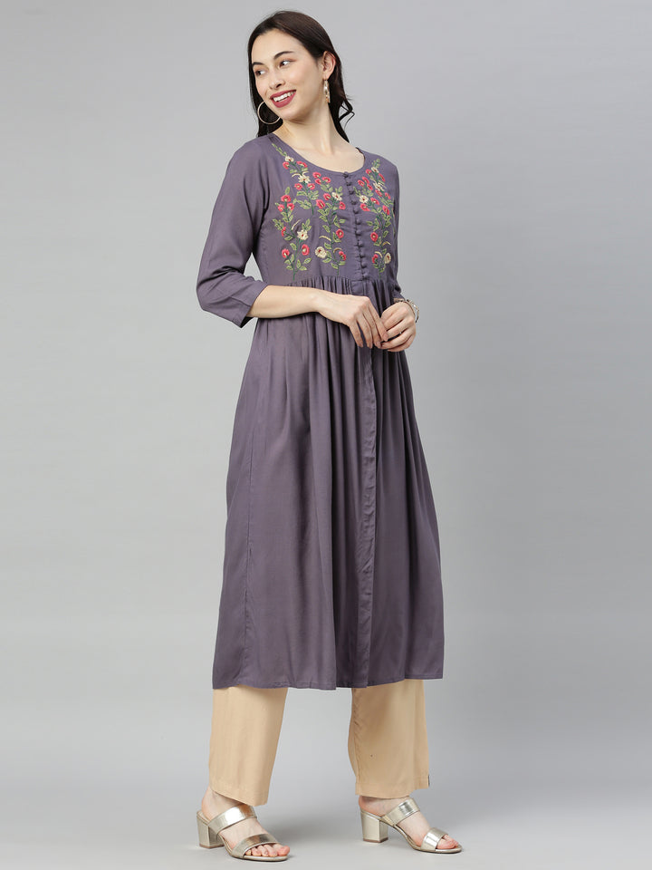 Neerus Purple embroidered A-line kurti - detail view 2