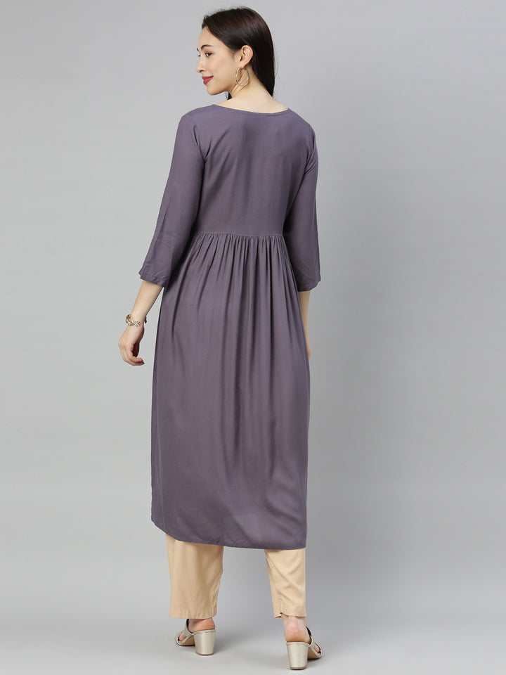Neerus Purple embroidered A-line kurti - detail view 3