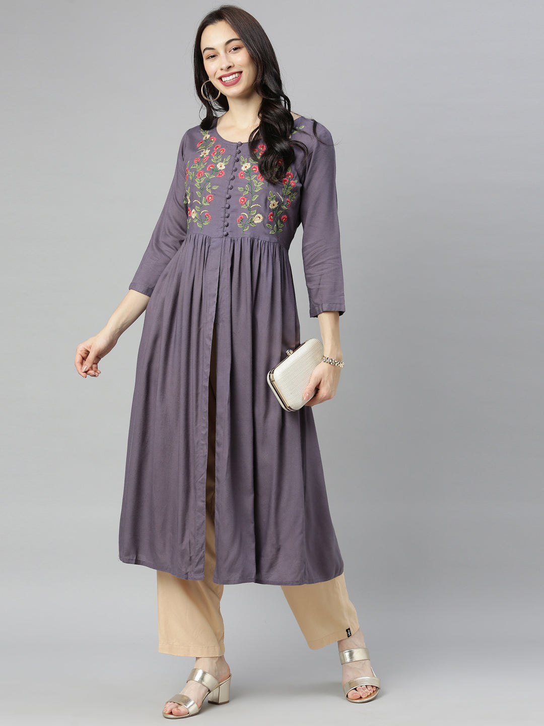 Neerus Purple embroidered A-line kurti - detail view 4