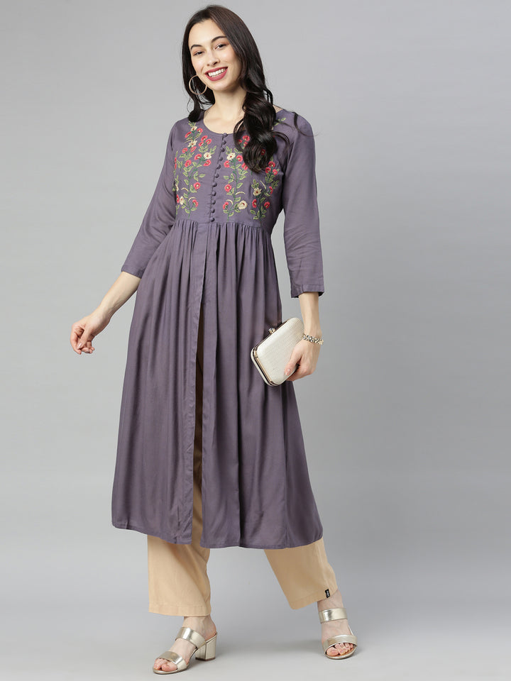 Neerus Purple embroidered A-line kurti - detail view 4
