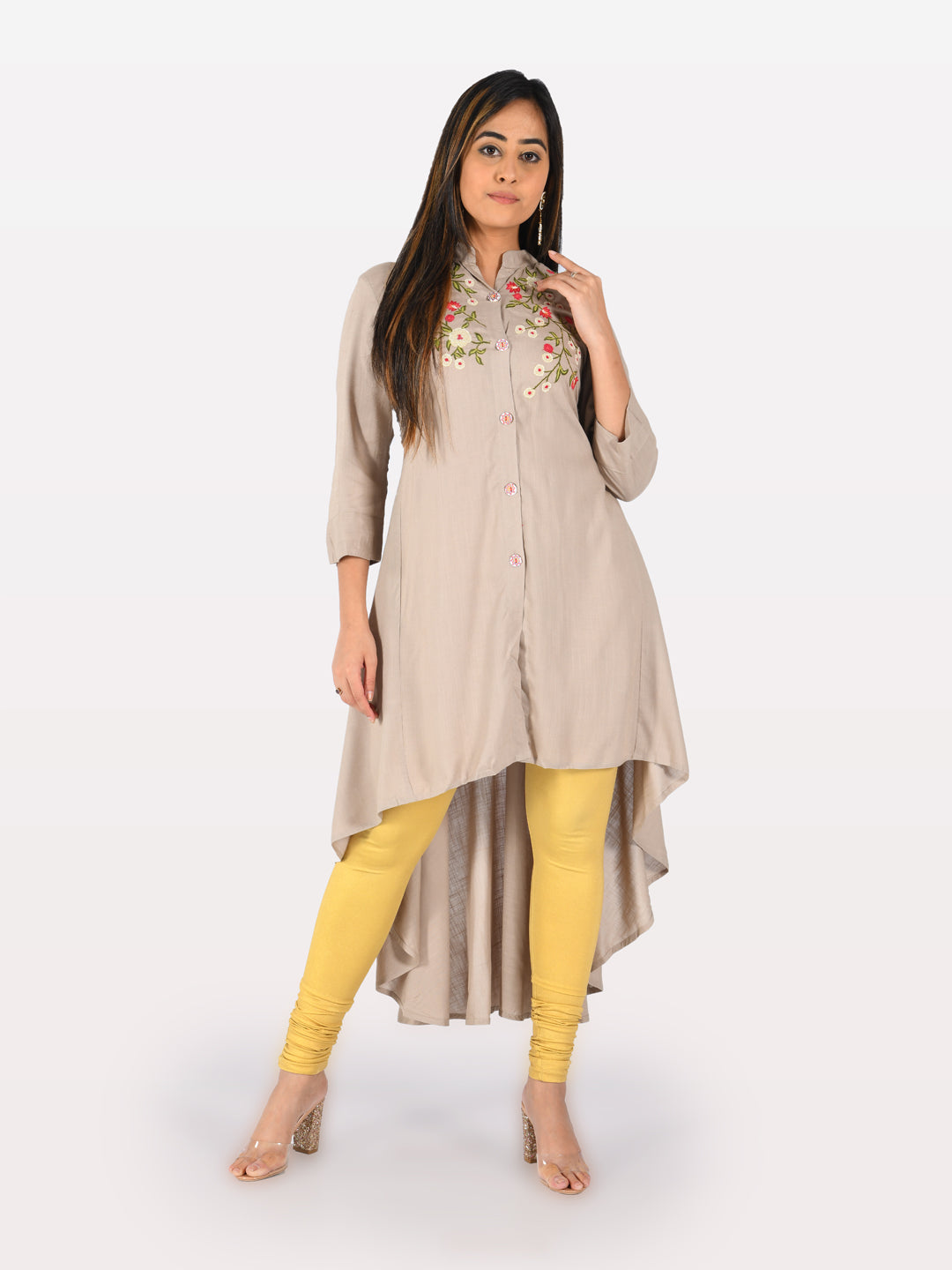 Neerus Light Khaki Embroidered High Low Kurta