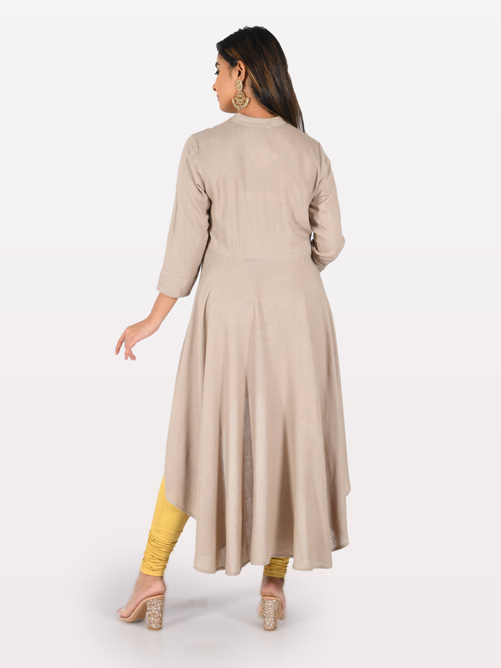 Neerus Light Khaki Embroidered High Low Kurta
