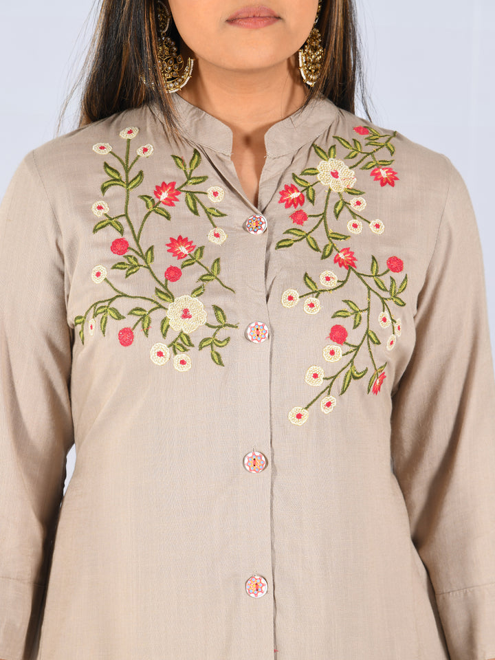 Neerus Light Khaki Embroidered High Low Kurta