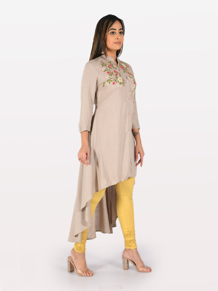 Neerus Light Khaki Embroidered High Low Kurta