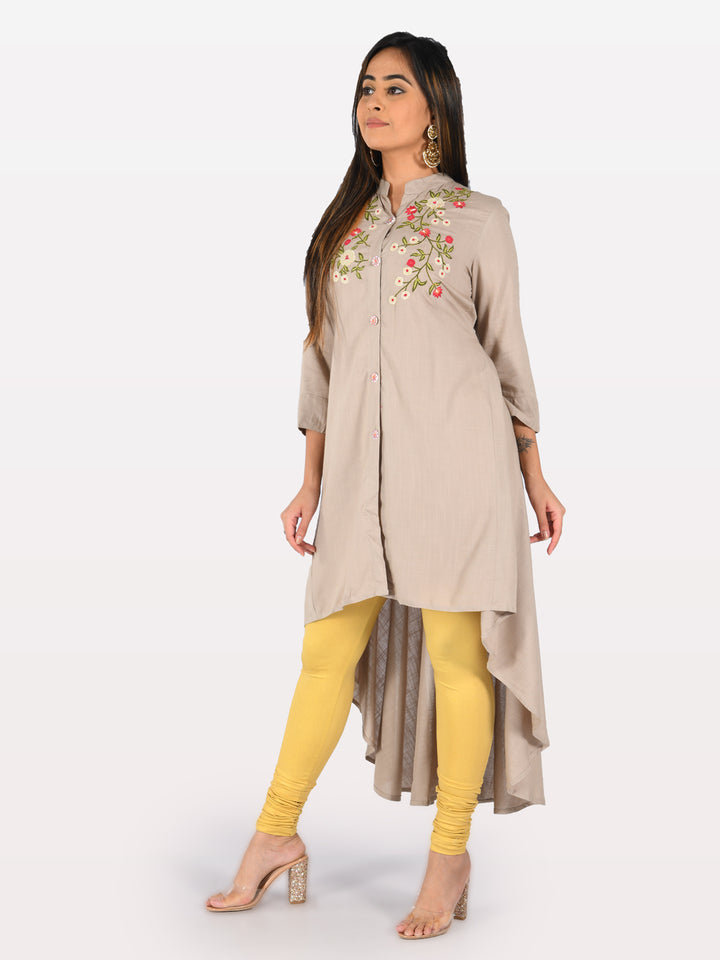 Neerus Light Khaki Embroidered High Low Kurta