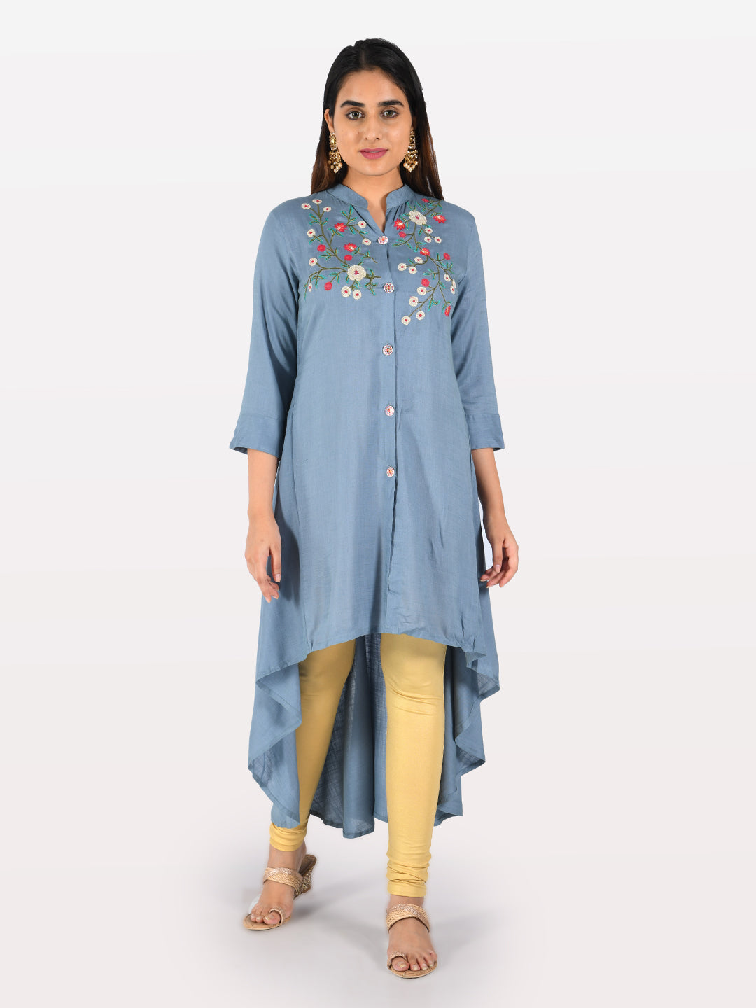Neerus Blue Rayon Embroidered High-Low Kurta - detail view 3