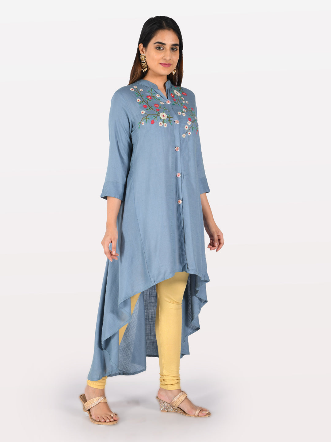 Neerus Blue Rayon Embroidered High-Low Kurta - front view