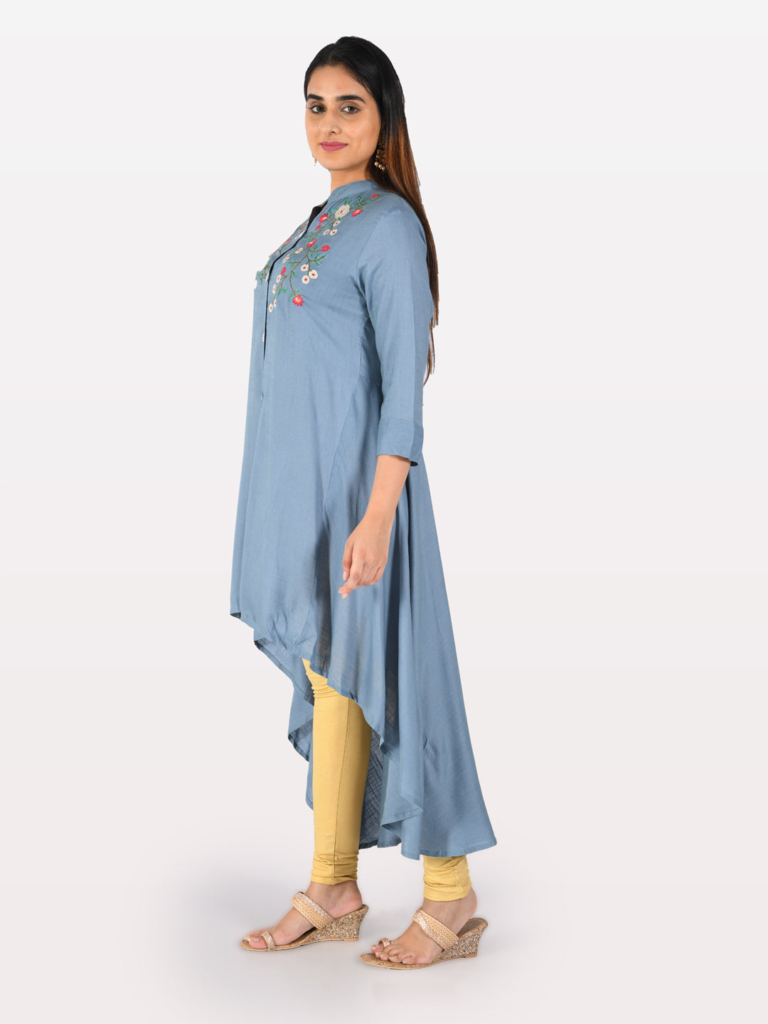 Neerus Blue Rayon Embroidered High-Low Kurta - back view