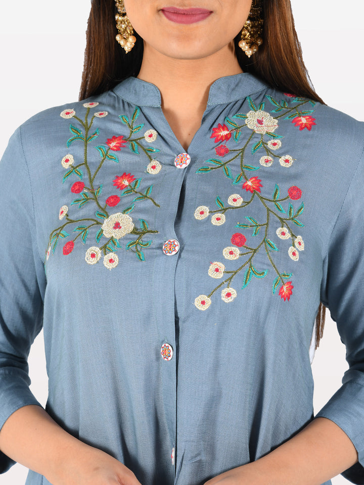 Neerus Blue Rayon Embroidered High-Low Kurta - side view