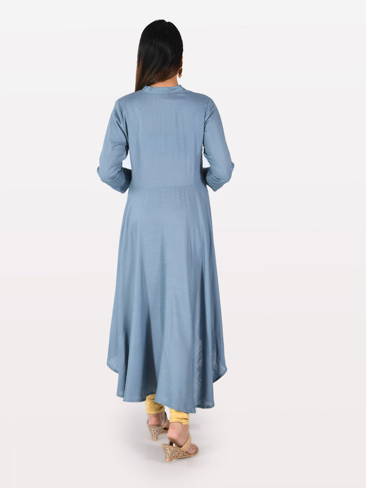 Neerus Blue Rayon Embroidered High-Low Kurta - detail view 1