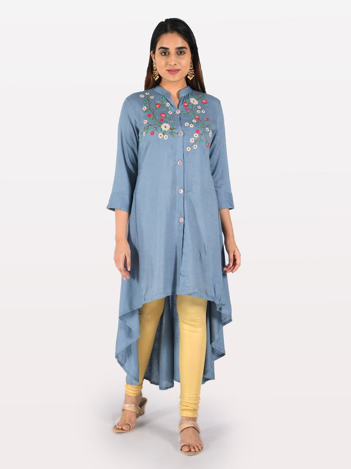 Neerus Blue Rayon Embroidered High-Low Kurta - detail view 2