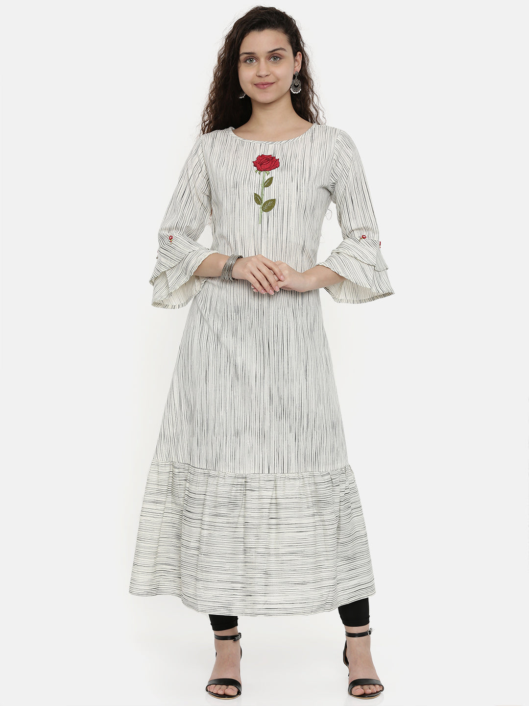 Neerus Women Cream-Coloured Grey Striped A-Line Kurta With Embroidery Detail