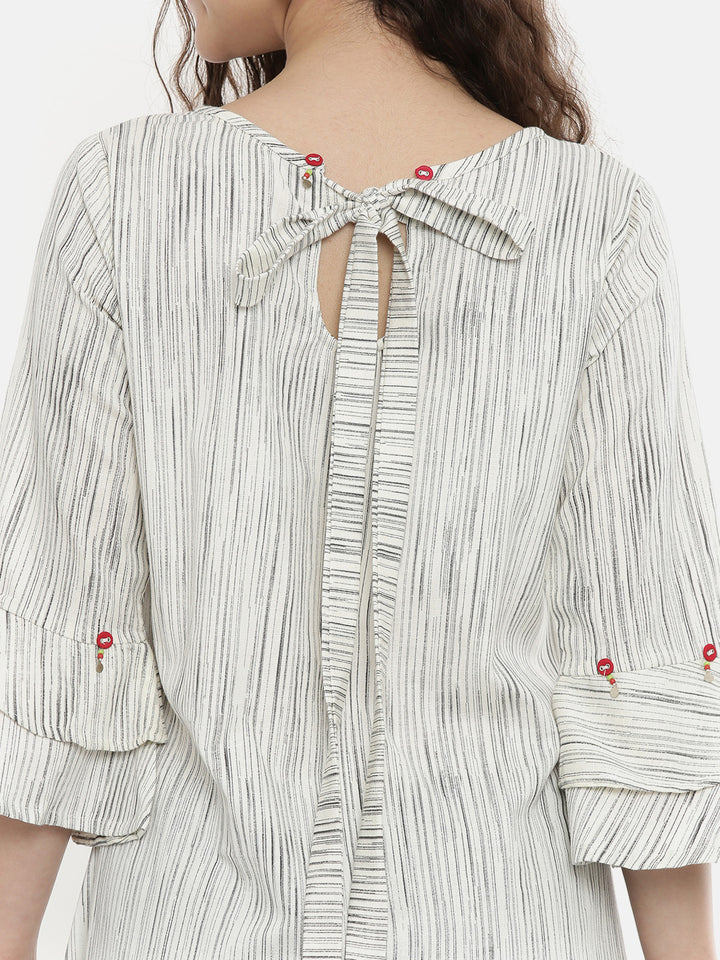 Neerus Women Cream-Coloured Grey Striped A-Line Kurta With Embroidery Detail