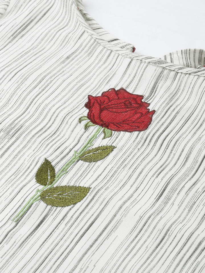 Neerus Women Cream-Coloured Grey Striped A-Line Kurta With Embroidery Detail