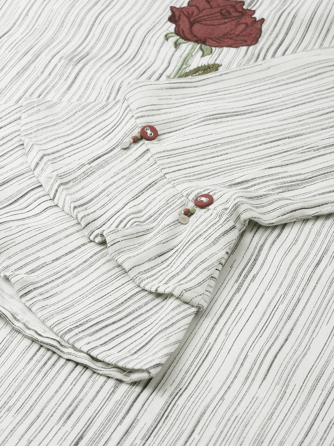 Neerus Women Cream-Coloured  Grey Striped A-Line Kurta With Embroidery Detail
