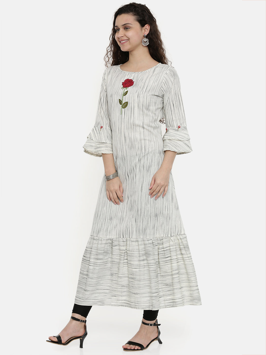 Neerus Women Cream-Coloured Grey Striped A-Line Kurta With Embroidery Detail