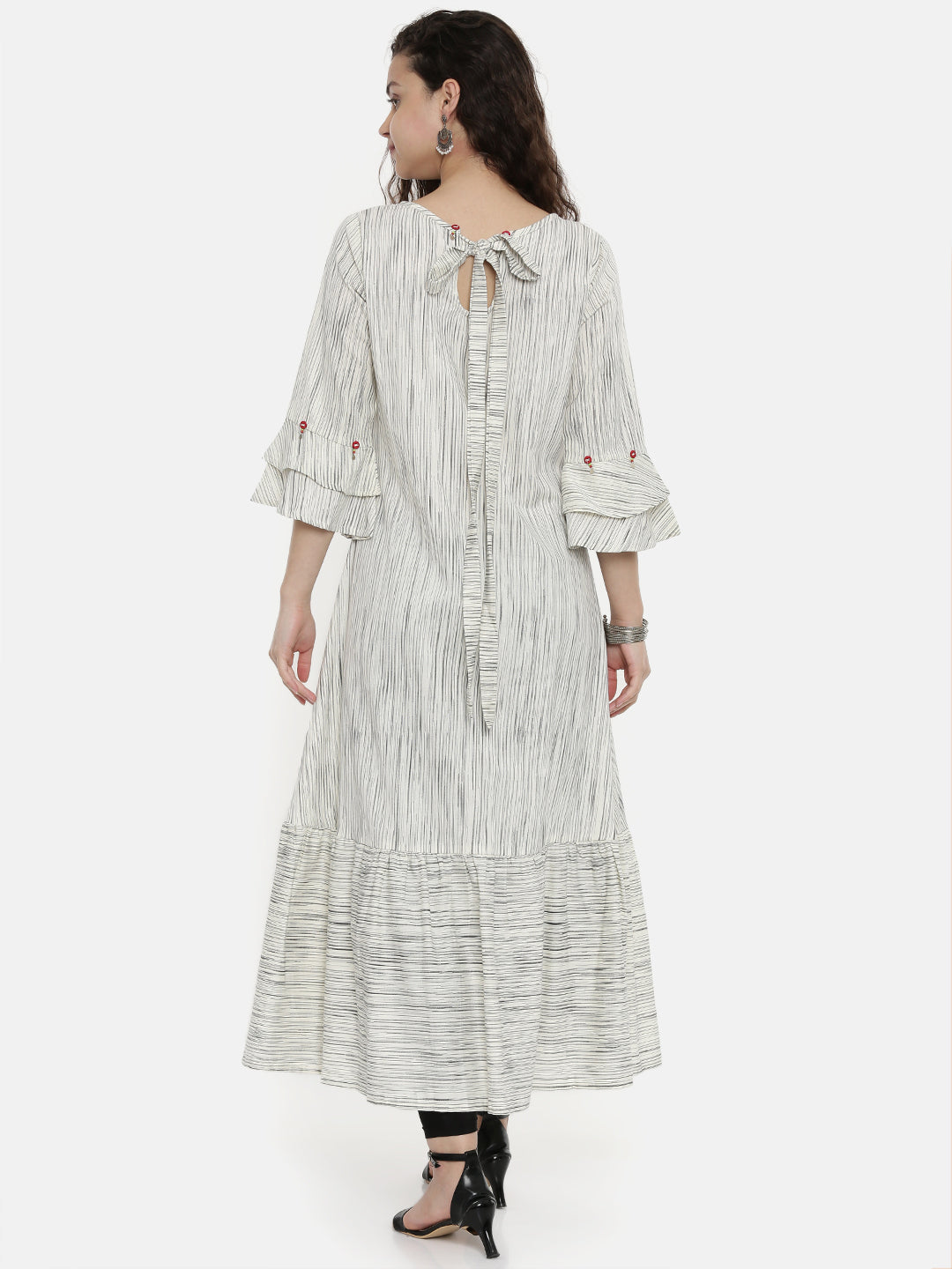 Neerus Women Cream-Coloured Grey Striped A-Line Kurta With Embroidery Detail