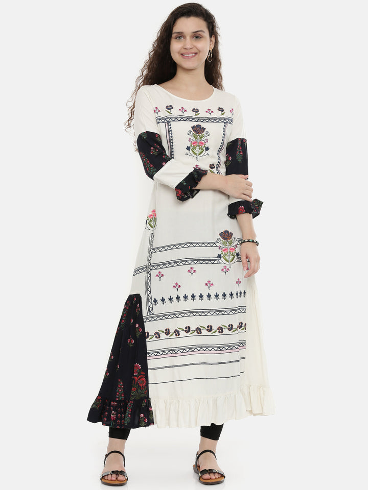 Neerus White Embroidered Anarkali Kurta