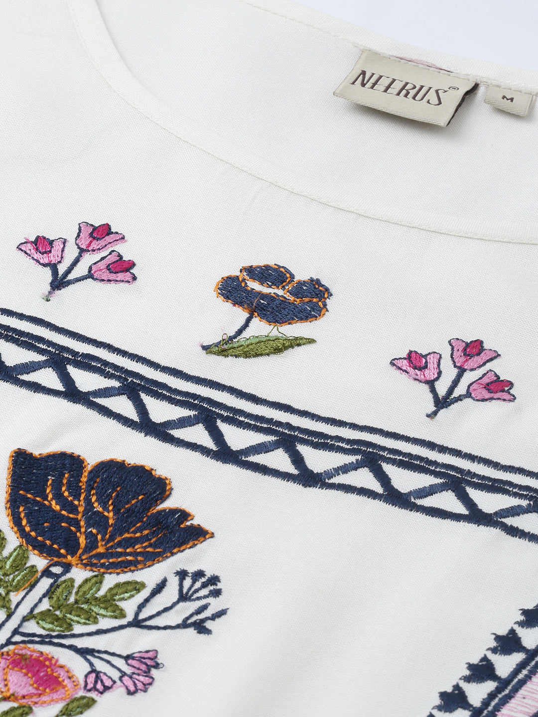 Neerus White Embroidered Anarkali Kurta