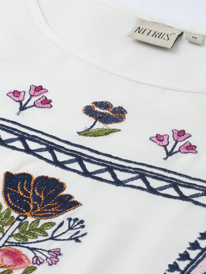 Neerus White Embroidered Anarkali Kurta