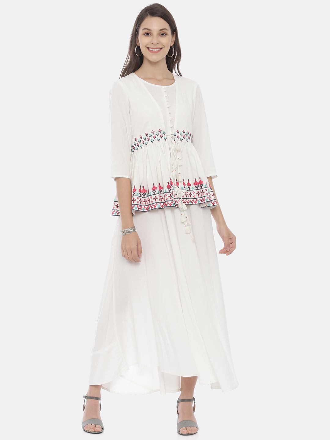 Neerus White rayon embroidered high-low kurta with jacket - front view