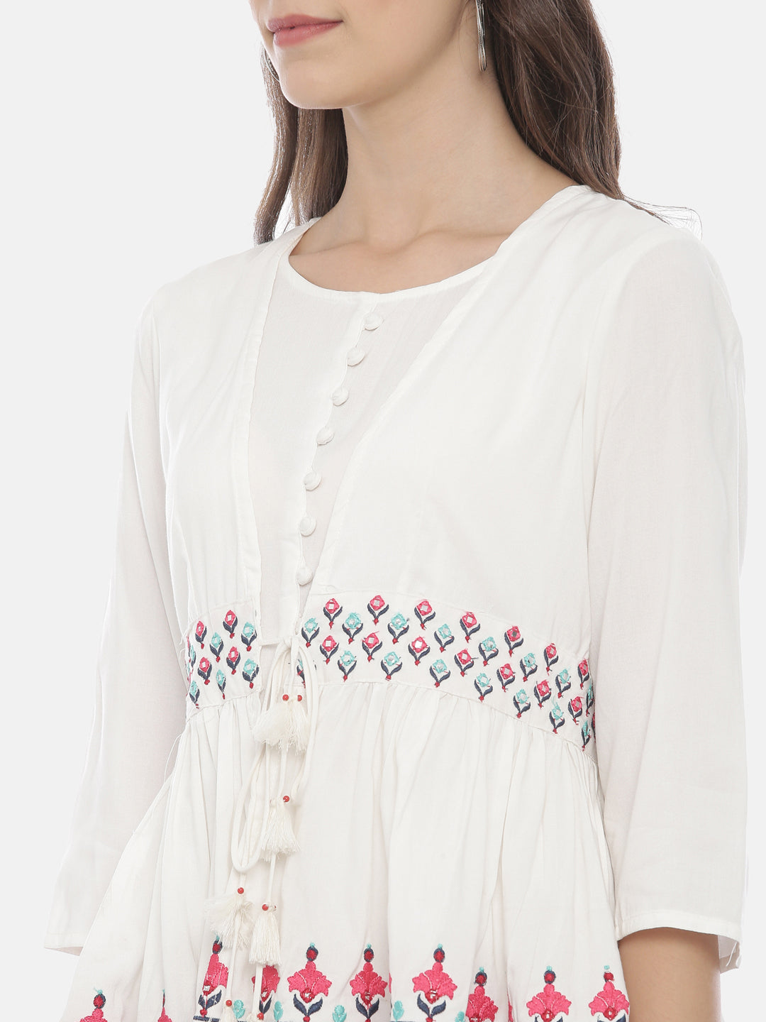 Neerus White rayon embroidered high-low kurta with jacket - back view