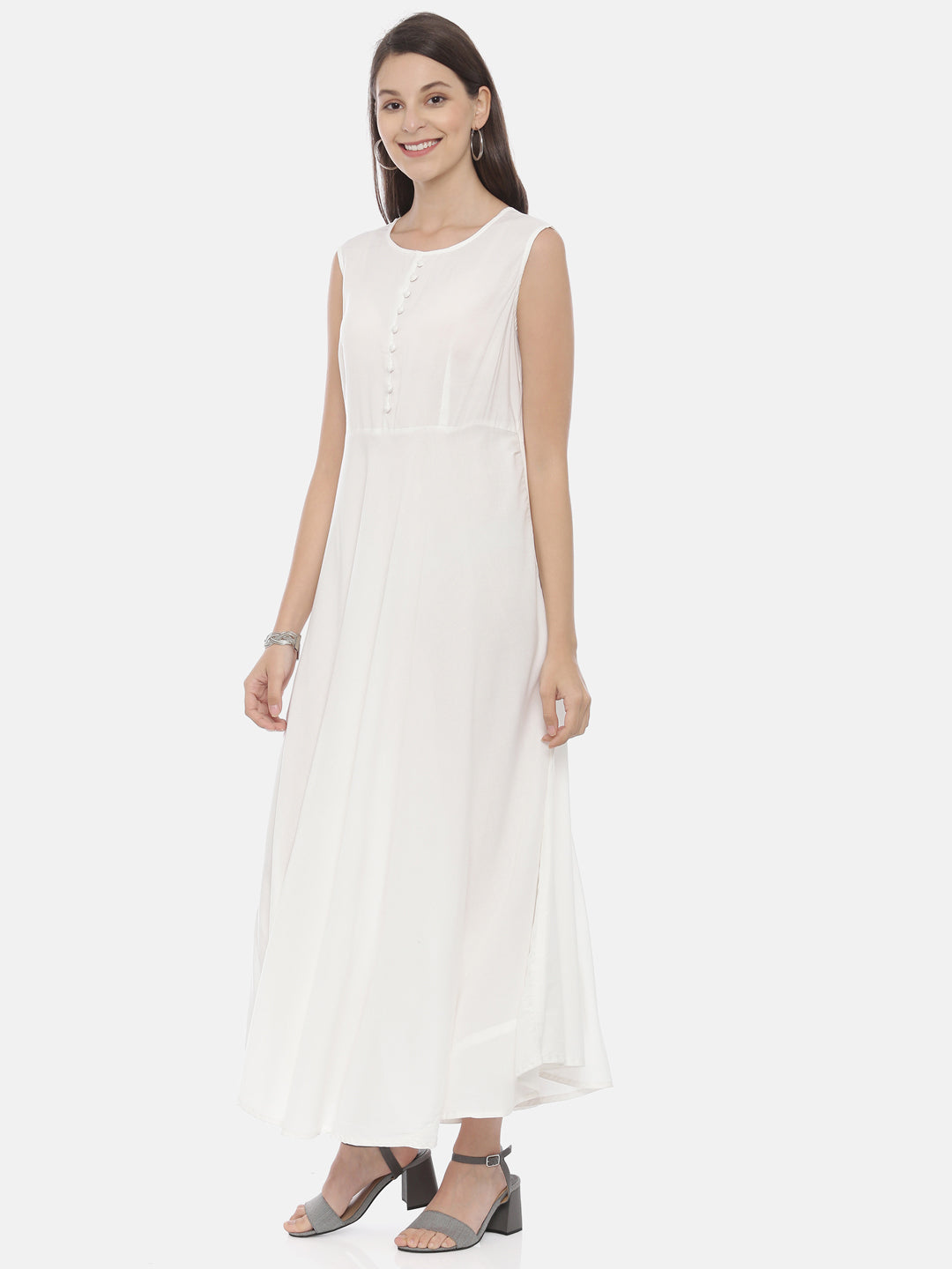 Neerus White rayon embroidered high-low kurta with jacket - side view