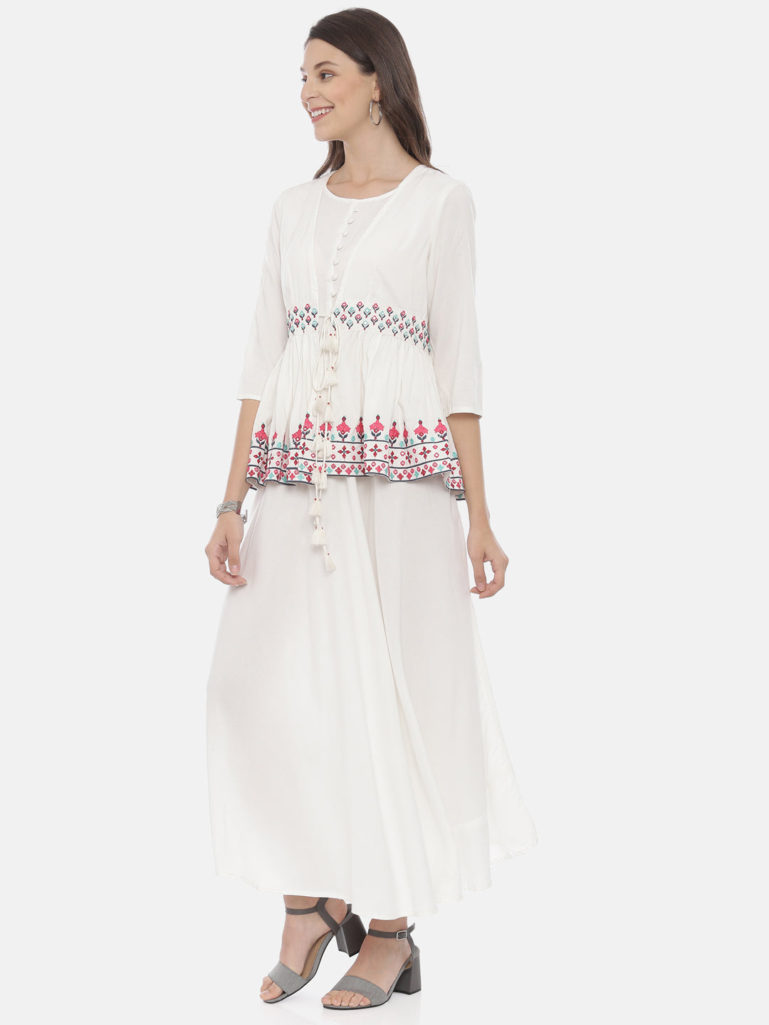 Neerus White rayon embroidered high-low kurta with jacket - detail view 1