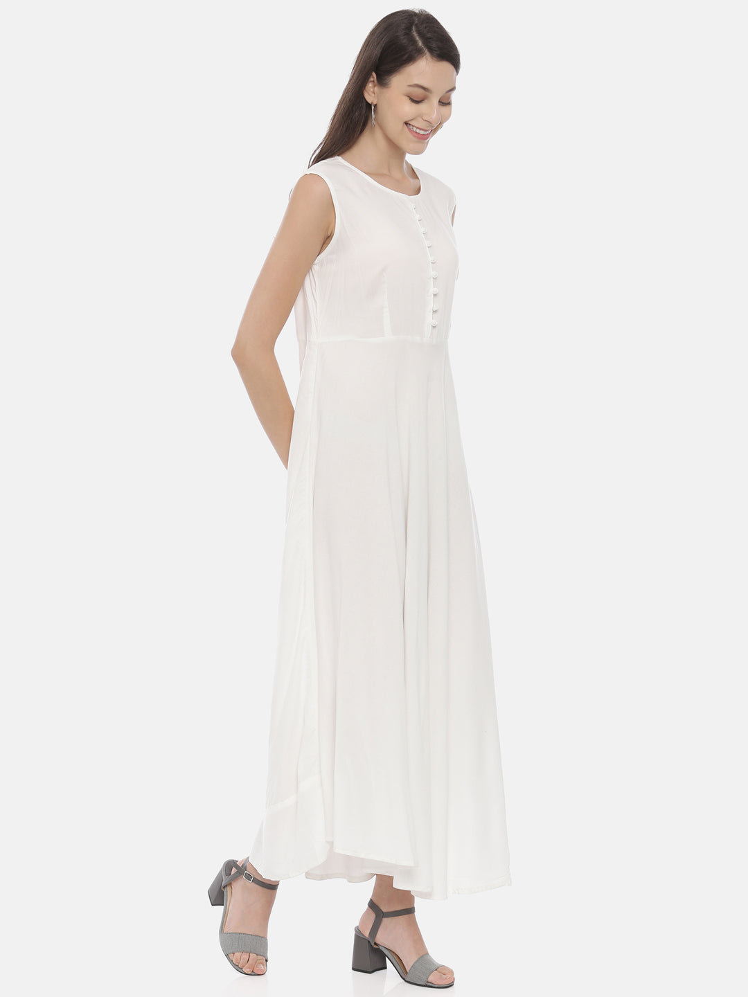 Neerus White rayon embroidered high-low kurta with jacket - detail view 2