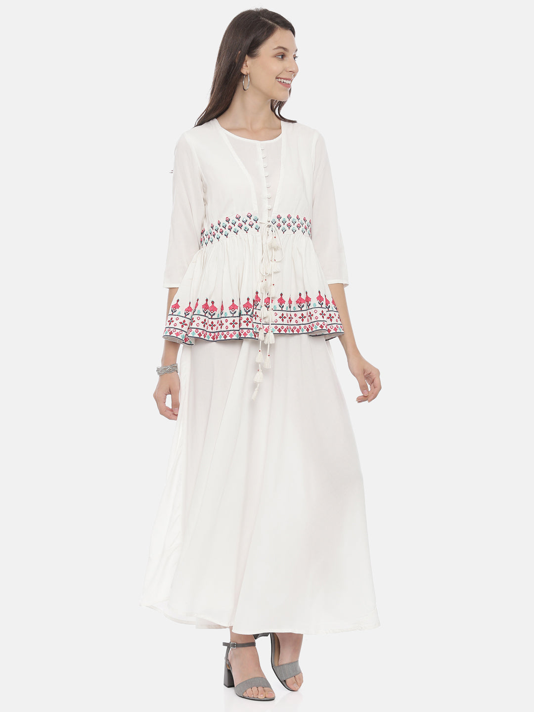 Neerus White rayon embroidered high-low kurta with jacket - detail view 3