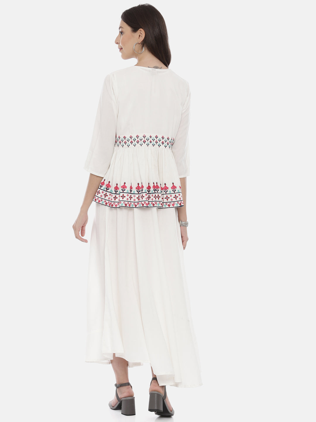 Neerus White rayon embroidered high-low kurta with jacket - detail view 4