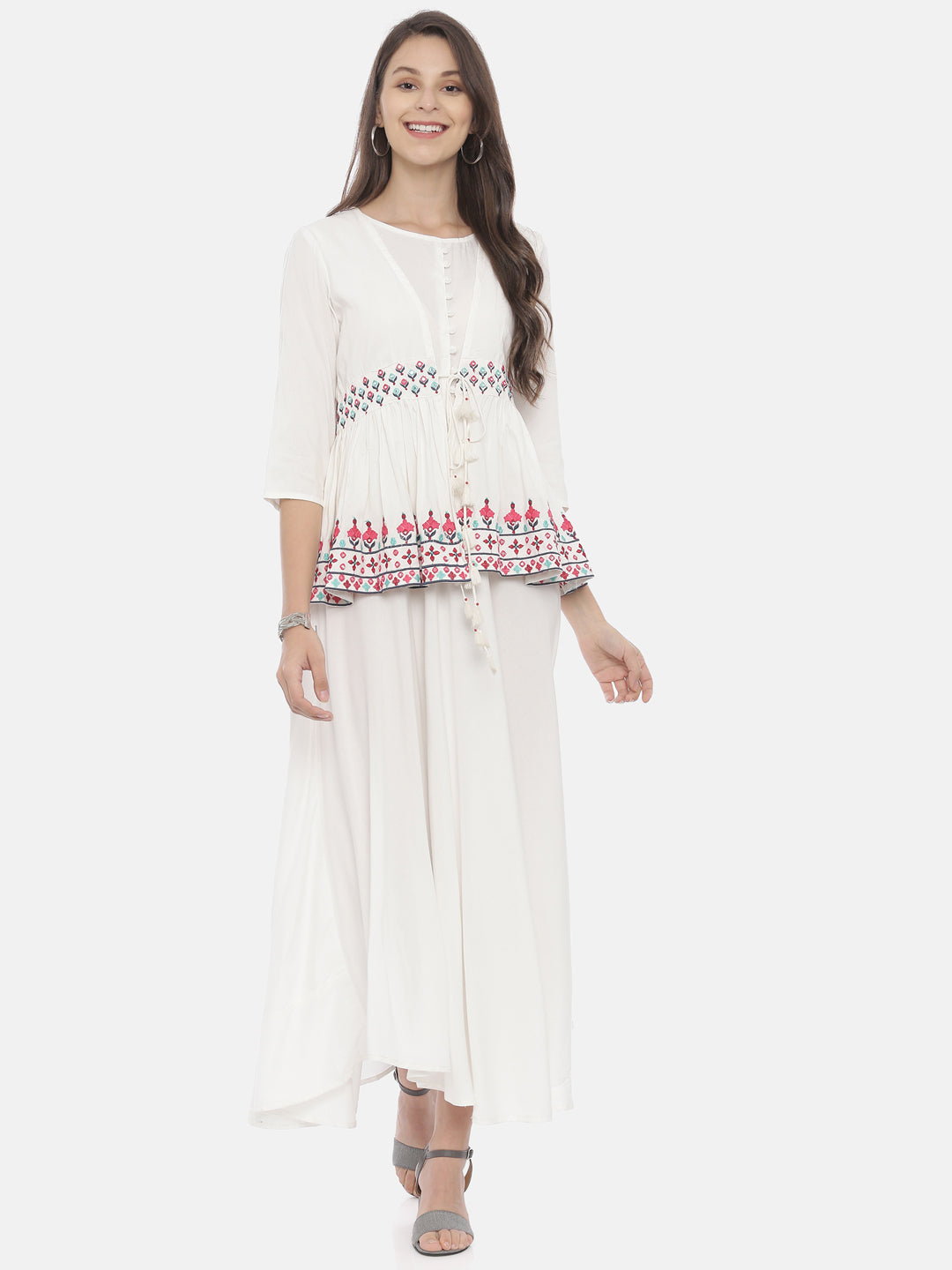 Neerus White rayon embroidered high-low kurta with jacket - detail view 5