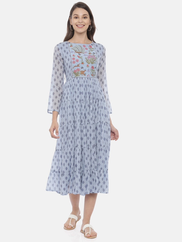 Neerus Blue Embroidered Fit & Flare Kurta