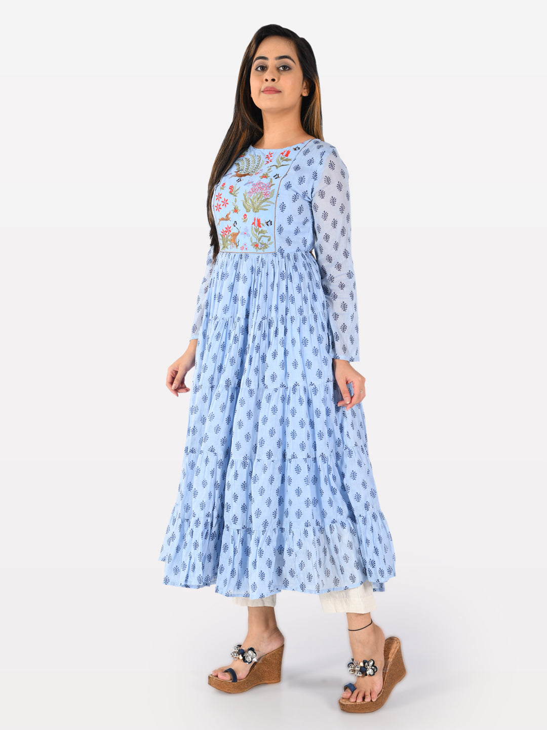 Neerus Blue Embroidered Fit & Flare Kurta
