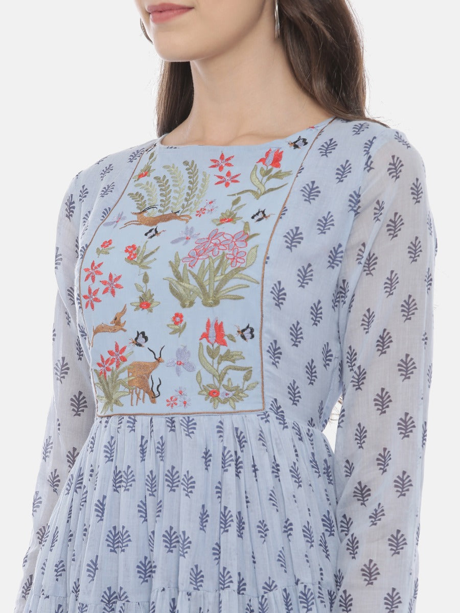 Neerus Blue Embroidered Fit & Flare Kurta