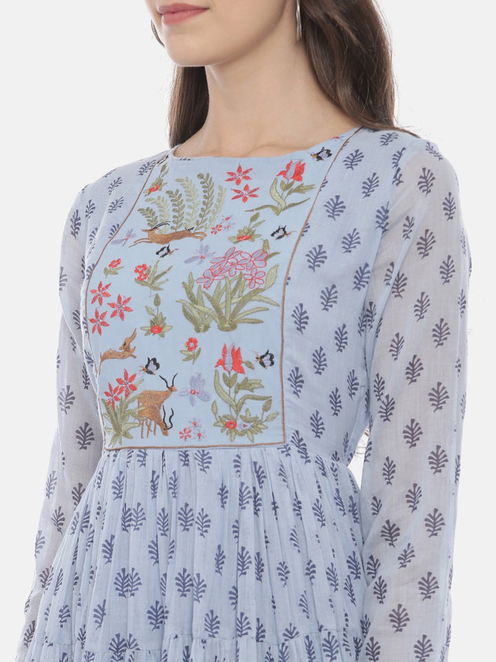 Neerus Blue Embroidered Fit & Flare Kurta