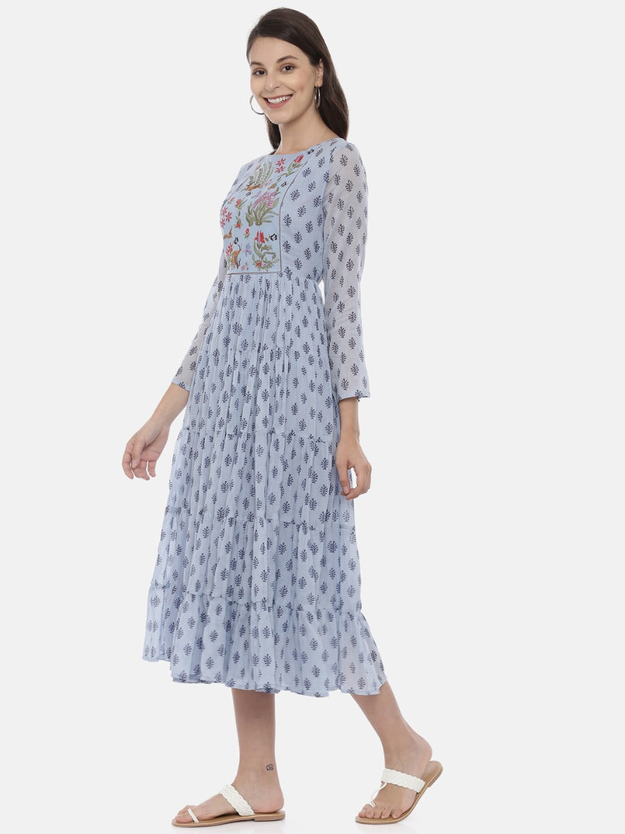 Neerus Blue Embroidered Fit & Flare Kurta