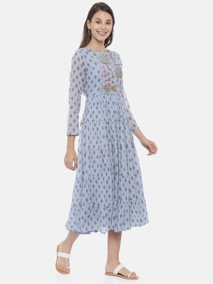 Neerus Blue Embroidered Fit & Flare Kurta