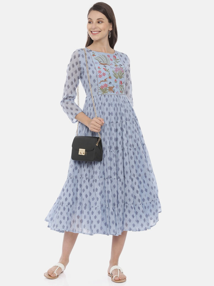 Neerus Blue Embroidered Fit & Flare Kurta