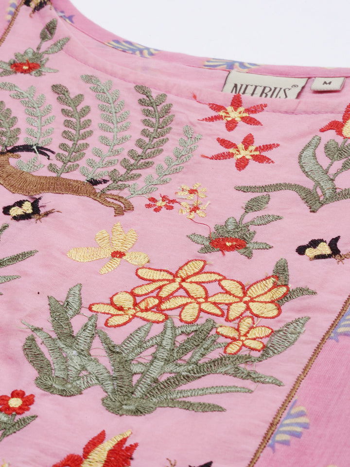 Neerus Pink cotton solid tunic dress - detail view 5
