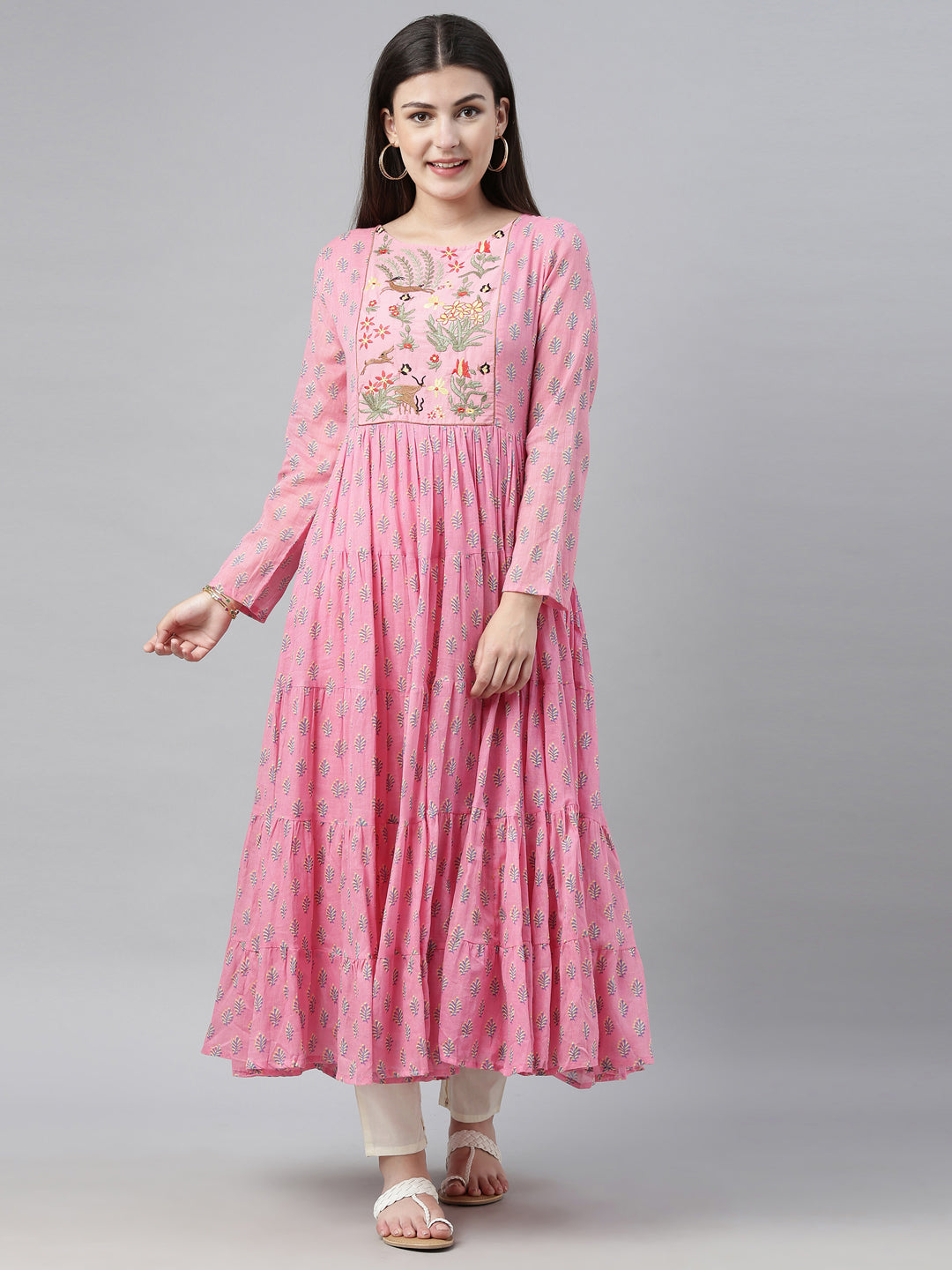 Neerus Pink cotton solid tunic dress - front view