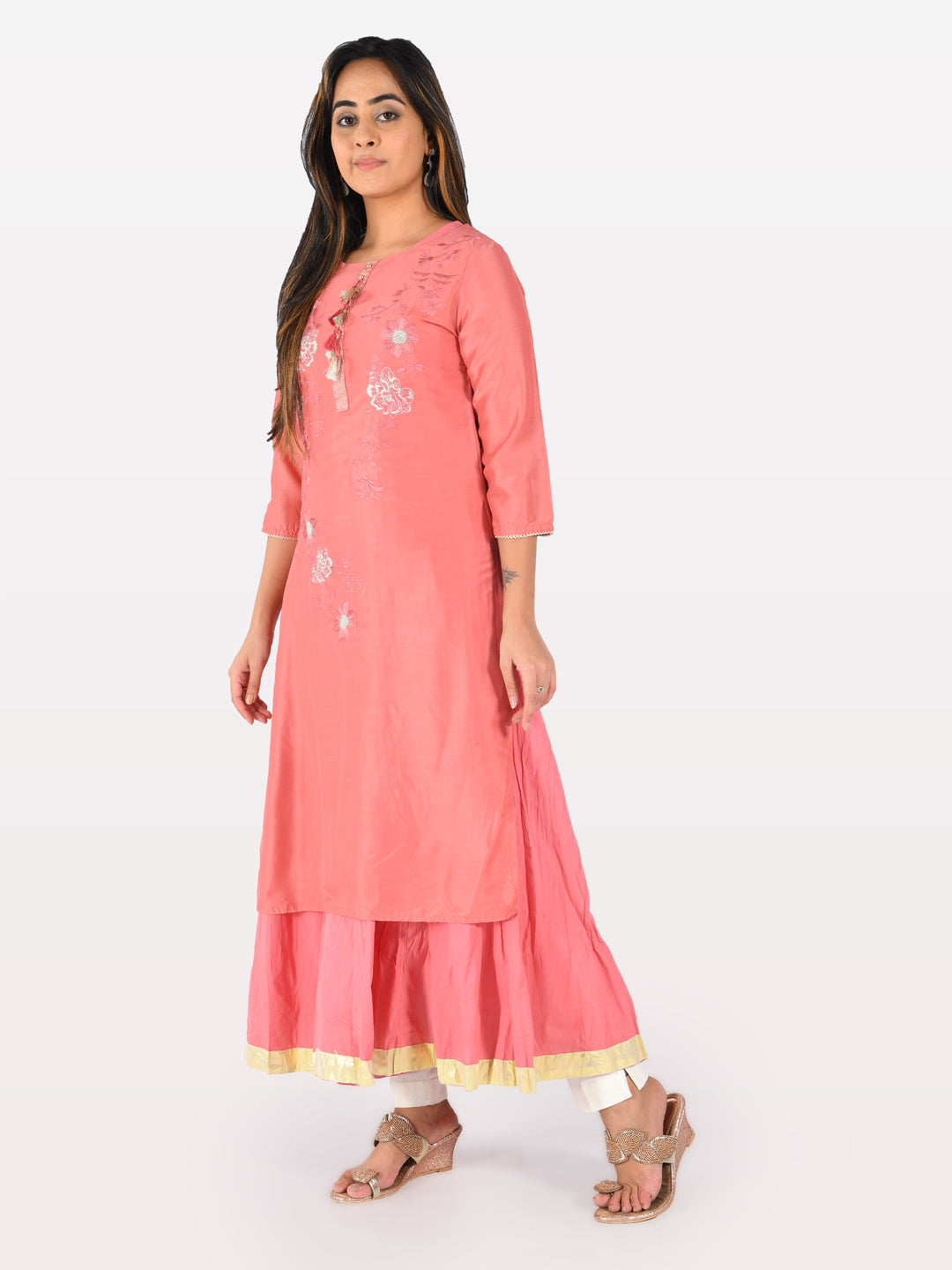 Neerus Pink muslin straight kurti - front view