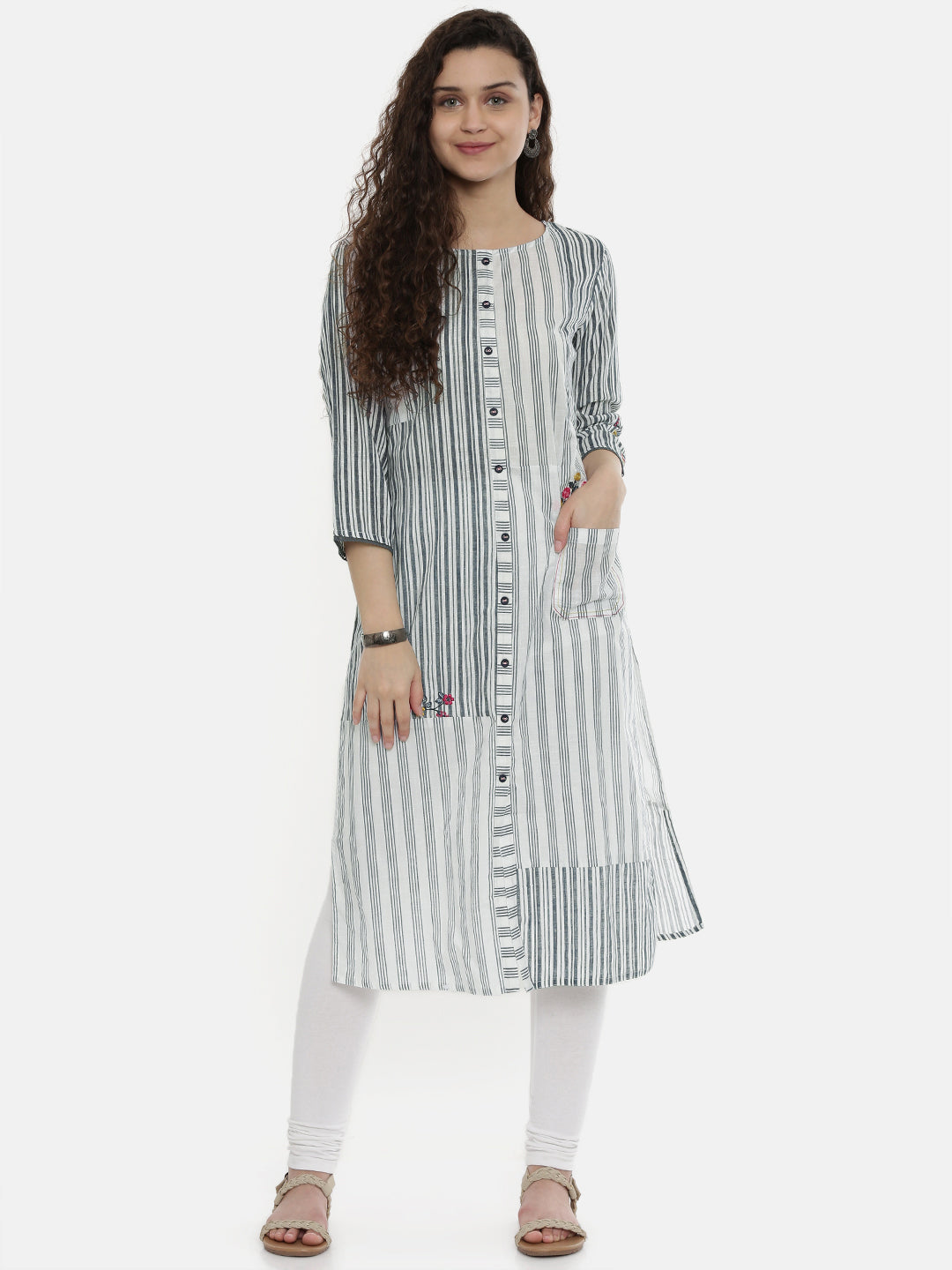 Neerus White Cotton Printed Straight Kurta - front view