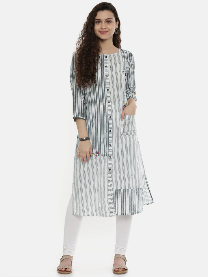 Neerus White Cotton Printed Straight Kurta - front view