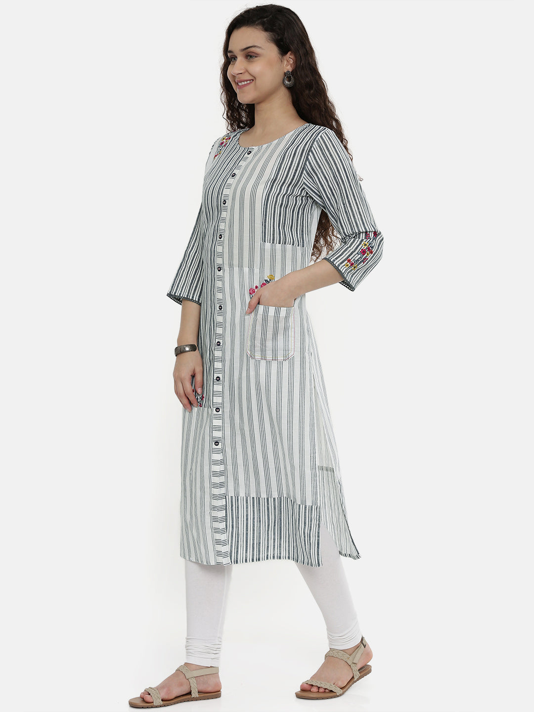 Neerus White Cotton Printed Straight Kurta - side view